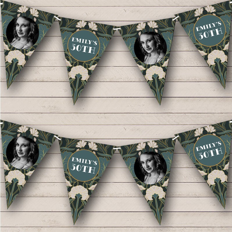 Green Gatsby 20’s Art Deco Vintage Birthday Photo Personalised Banner Bunting