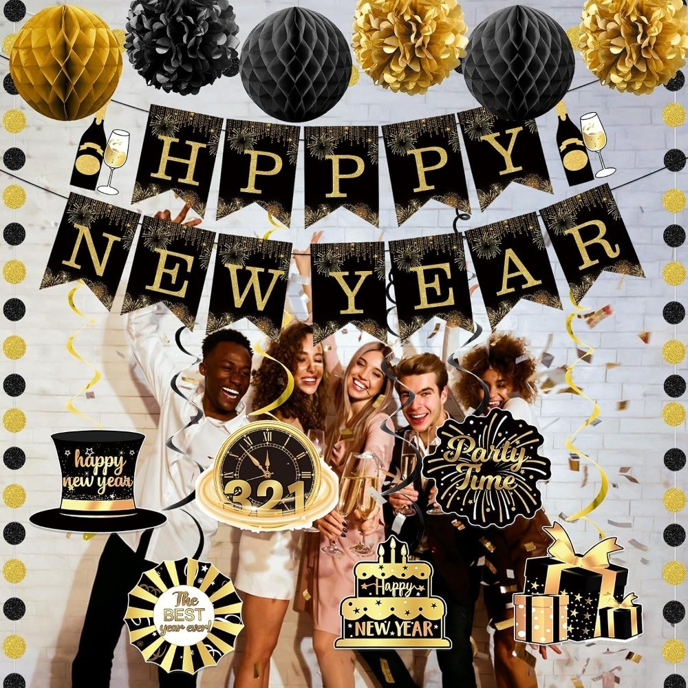 Happy New Year Banner: New Years Decorations Gold Black Paper Flag Bunting Swirl