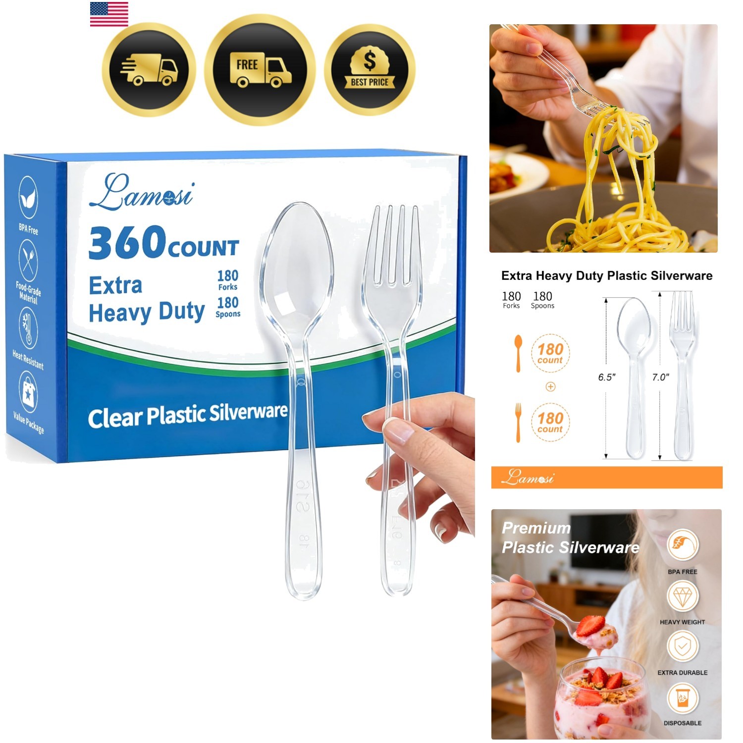 360 Count Extra Heavy Duty Clear Plastic Forks and Spoons, 180 Forks, 180 Spo…