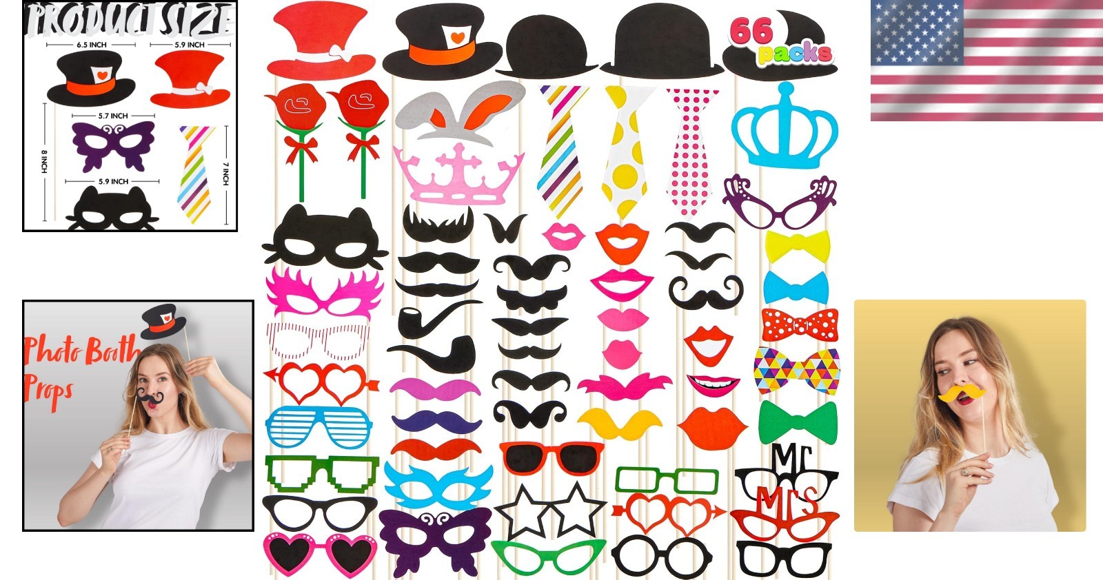 Photo Booth Props 66 Pieces Multi Color Party Favors for Graduation Wedding