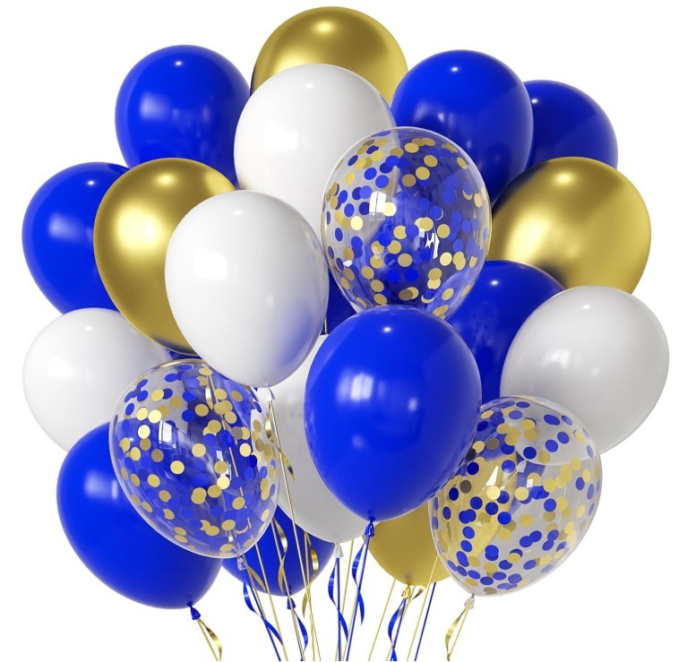 Royal Blue and Gold Balloons, 50 Pcs 12 Inch Royal Blue Metallic Gold Whtie Late