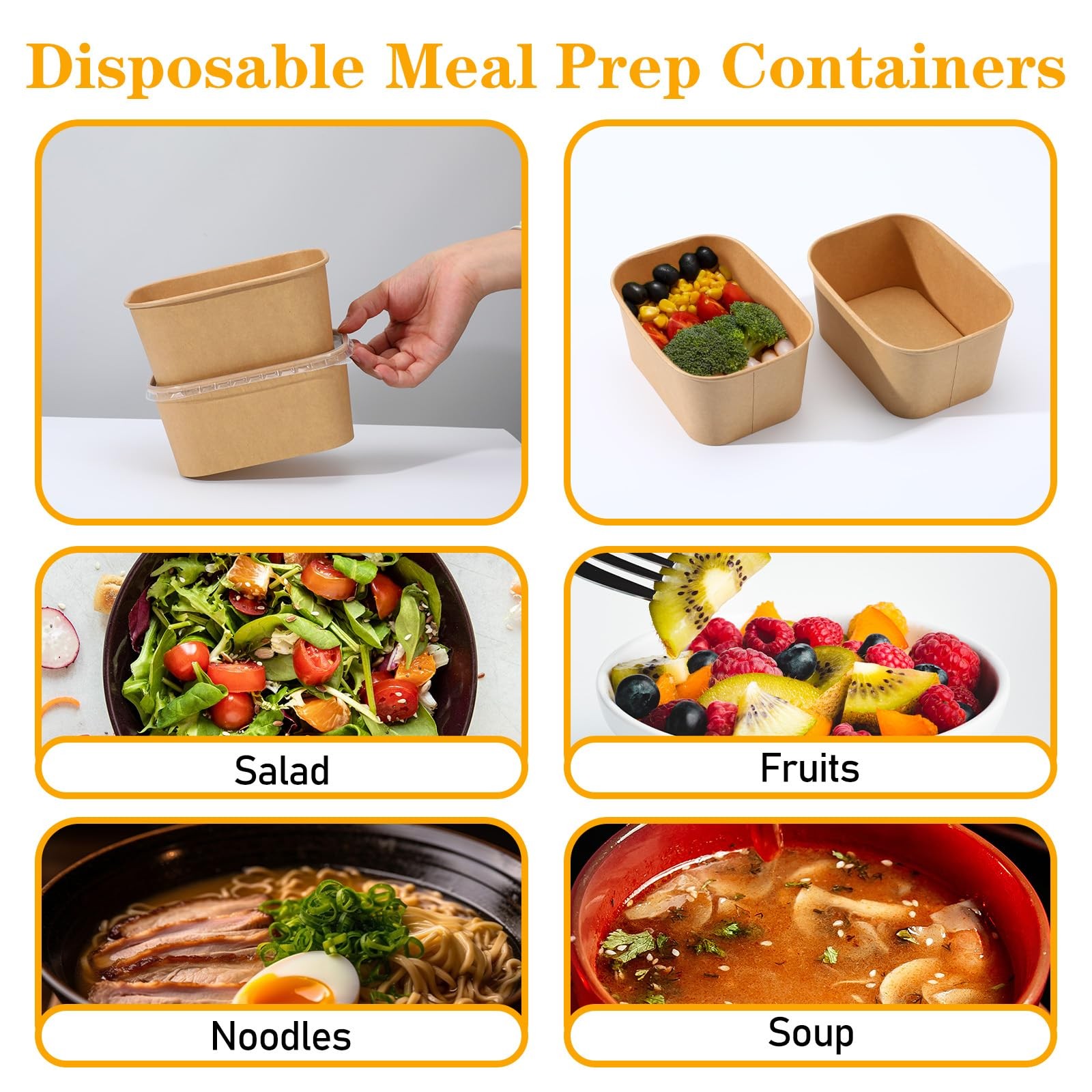 50 Pack 35 oz Disposable Paper Food Containers with Lids – Leak-Proof, Microw…
