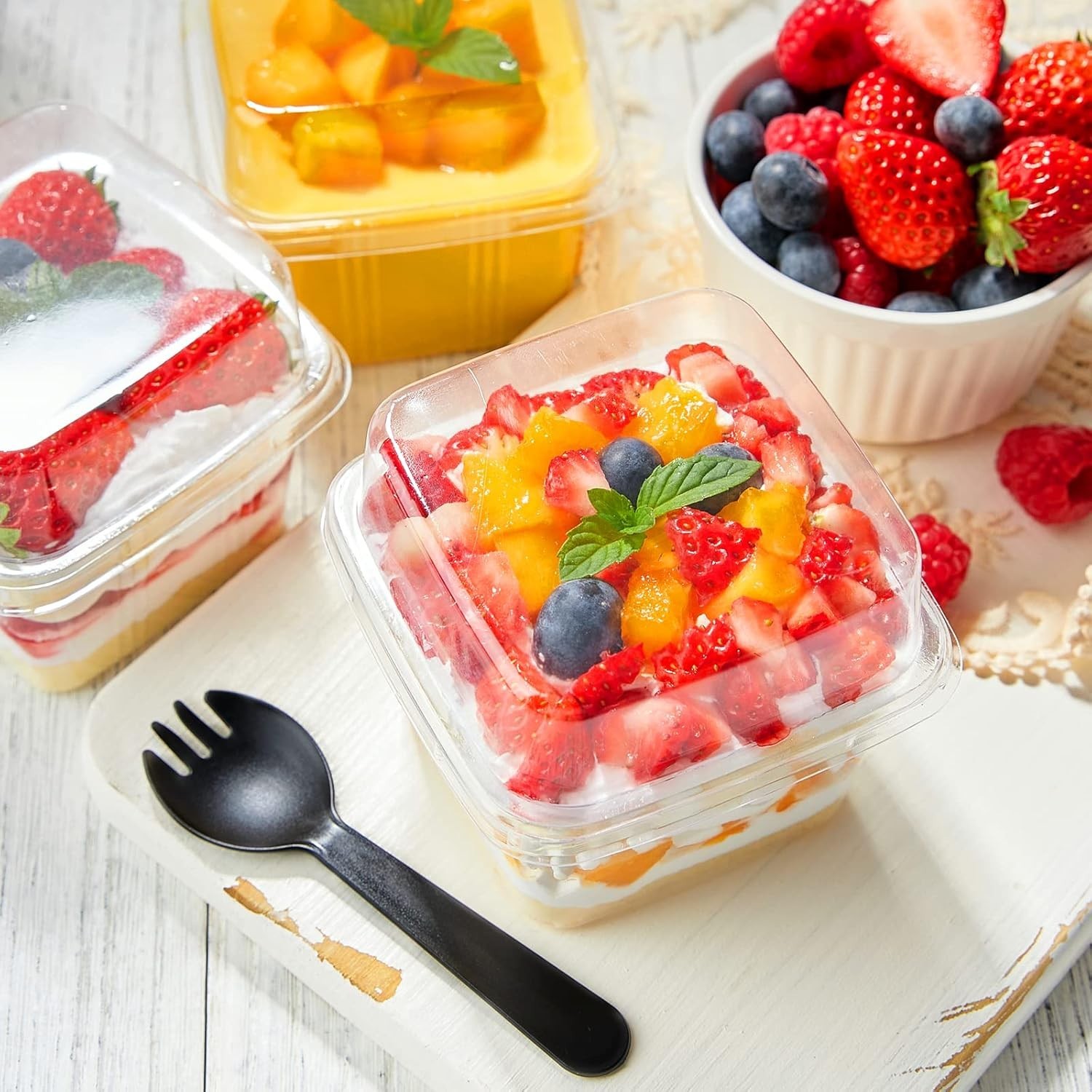 50Ct 8 oz Square Plastic Dessert Cups with Lids and Sporks, Clear Plastic Yog…