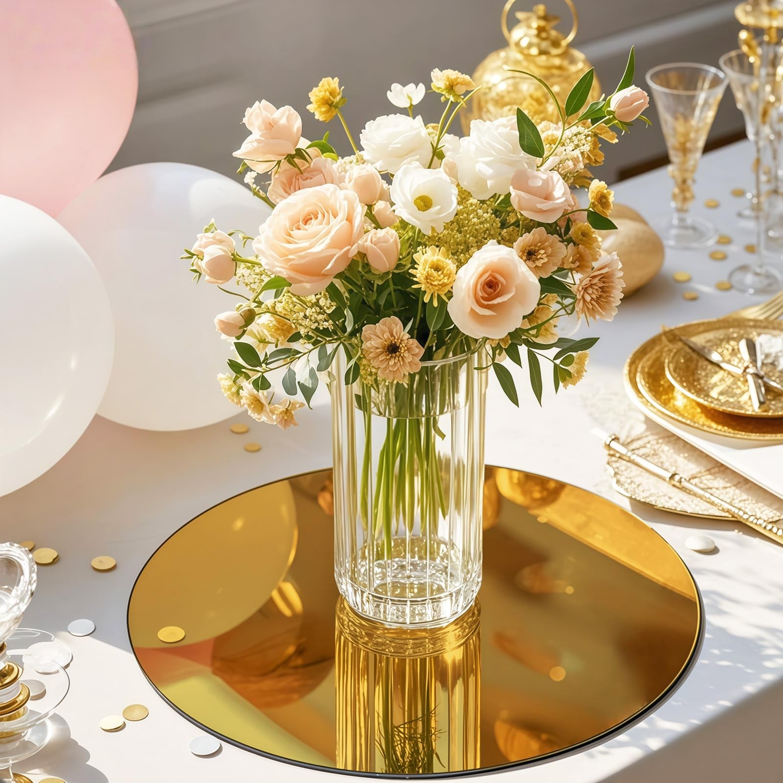 10PCS Gold Round Mirror Centerpieces for Tables Acrylic Circle Mirror Tray Ca…