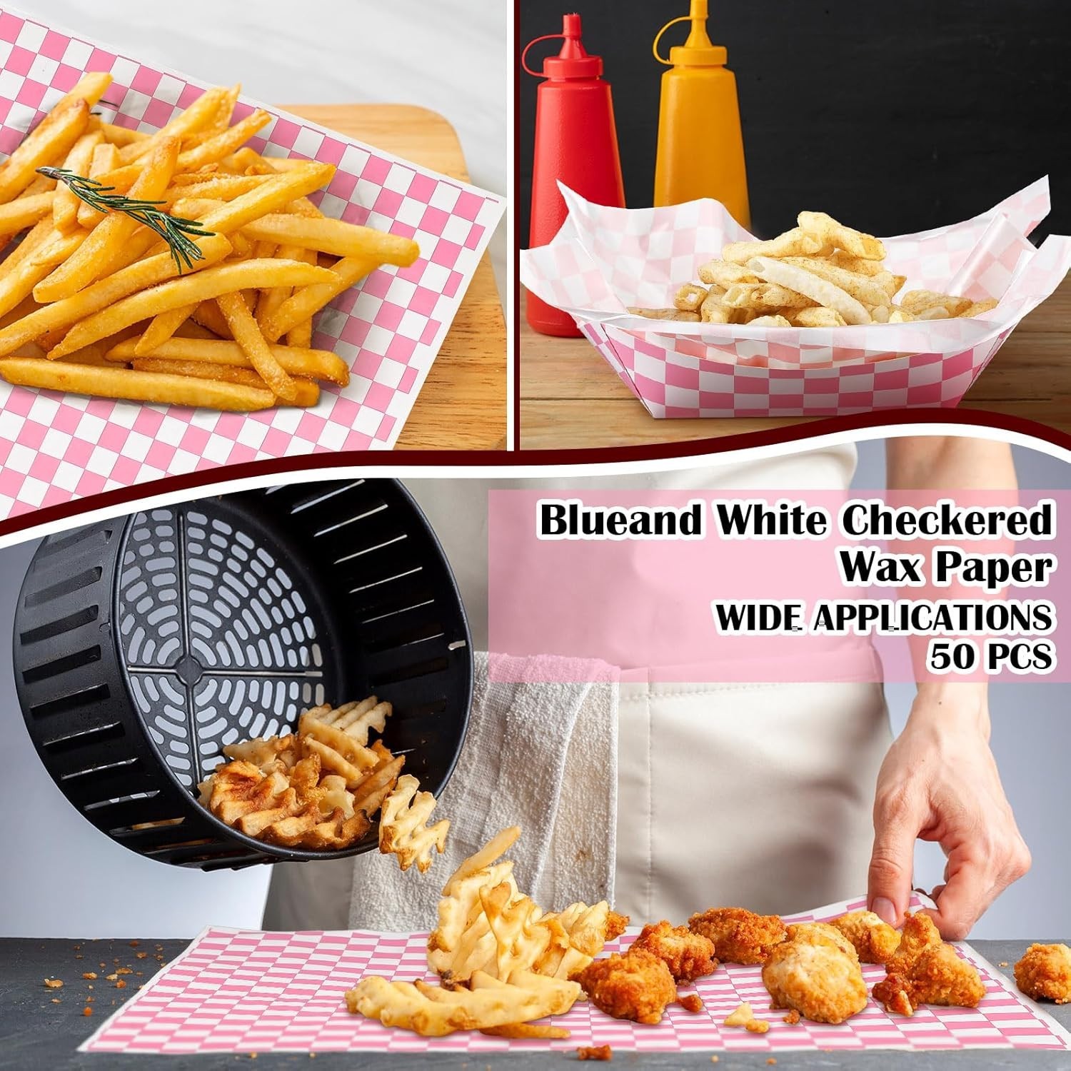 Gingham Disposable Paper Food Trays with Wax Paper for Parties, 100 Pcs