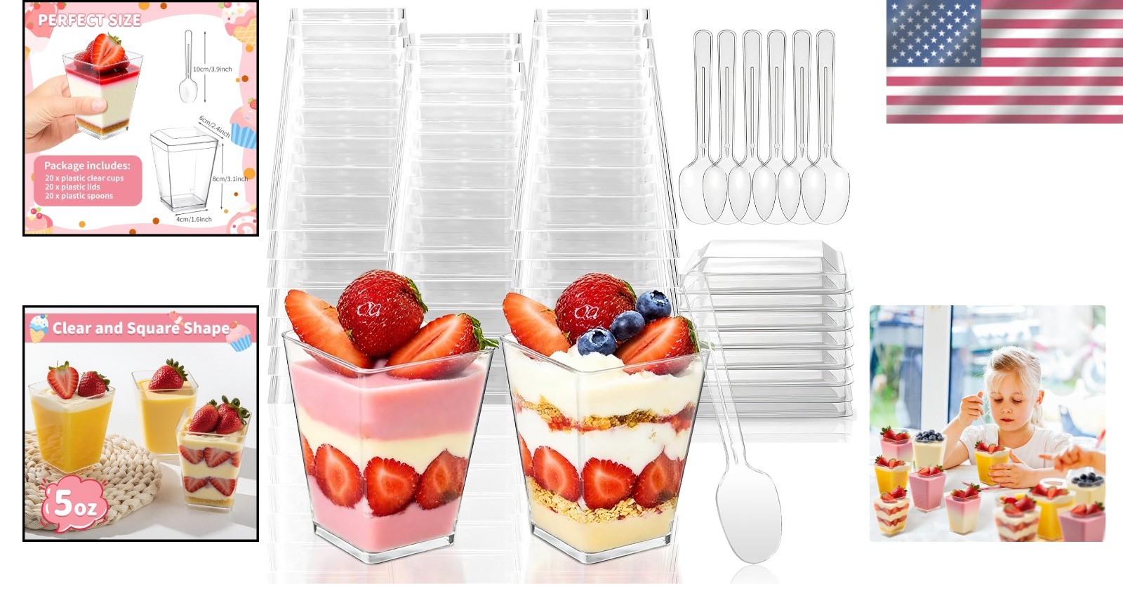 20 Count 5 oz Clear Plastic Dessert Cups with Lids & Spoons for Elegant Parties