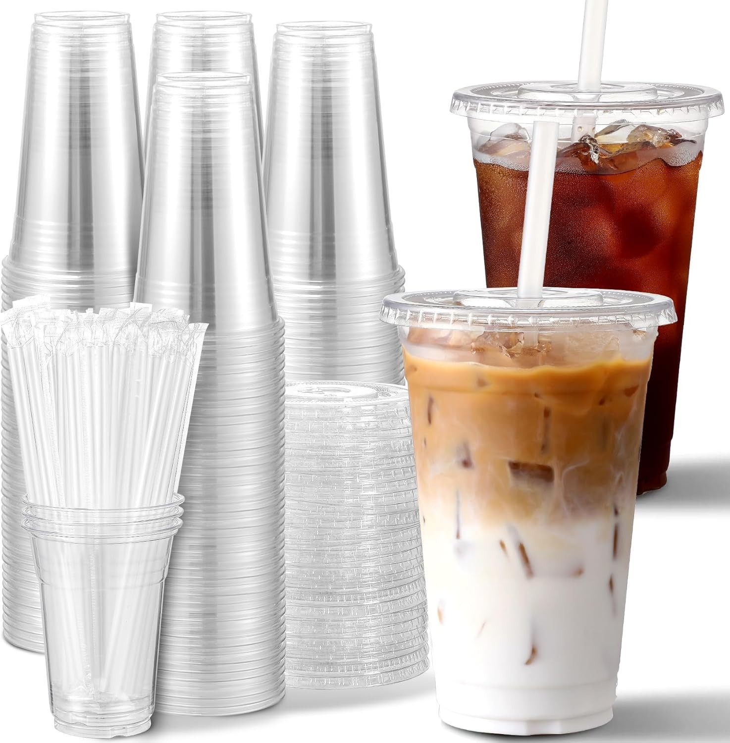 100 Sets] 16 oz Clear Plastic Cups With Lids and Straws, Disposable Cups With…
