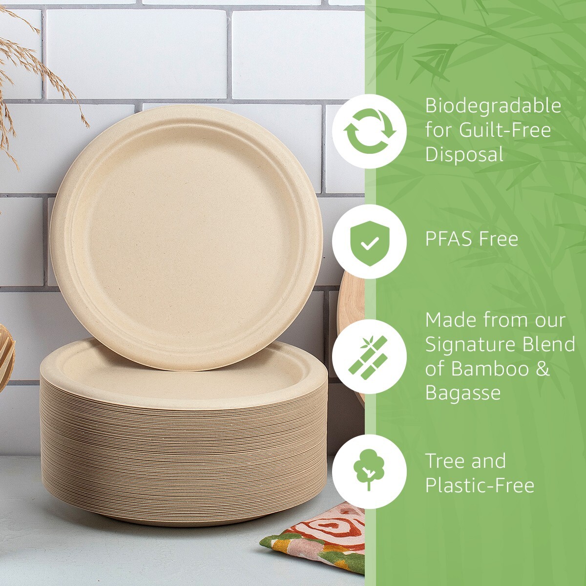 Ibambo Bamboo Disposable Paper Plates – 9 Inch, 500 Pack, Compostable Plates