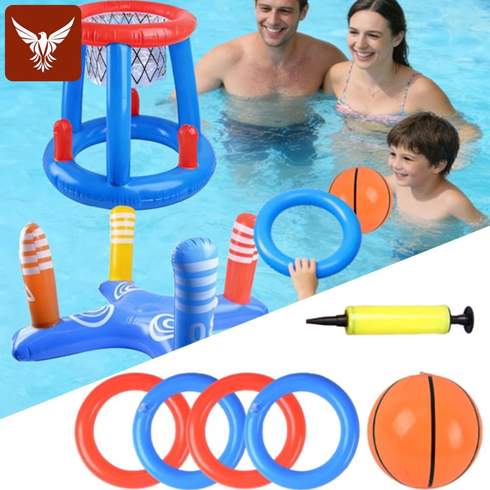 Inflatable Floating Swimming Pool Game Family Basketball Hoop Ring Toss Toys Set