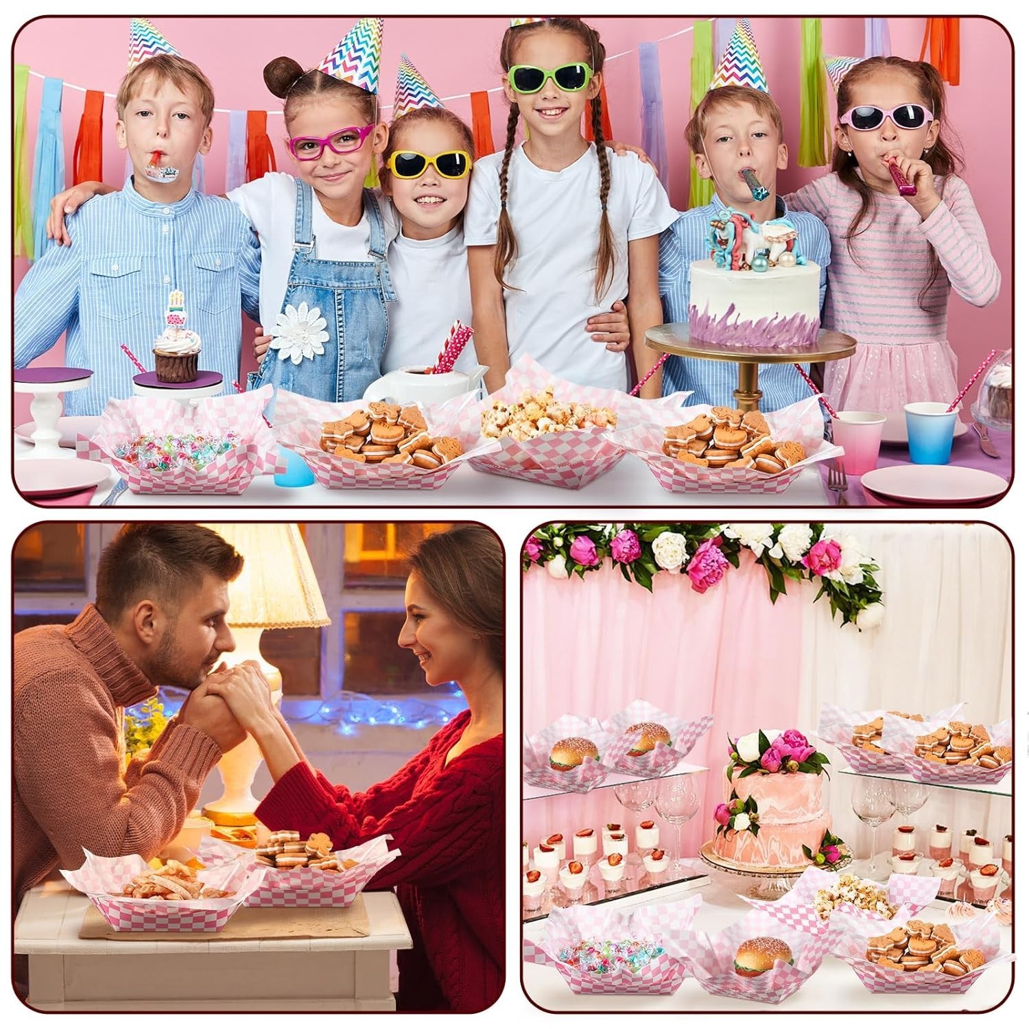 Gingham Disposable Paper Food Trays with Wax Paper for Parties, 100 Pcs