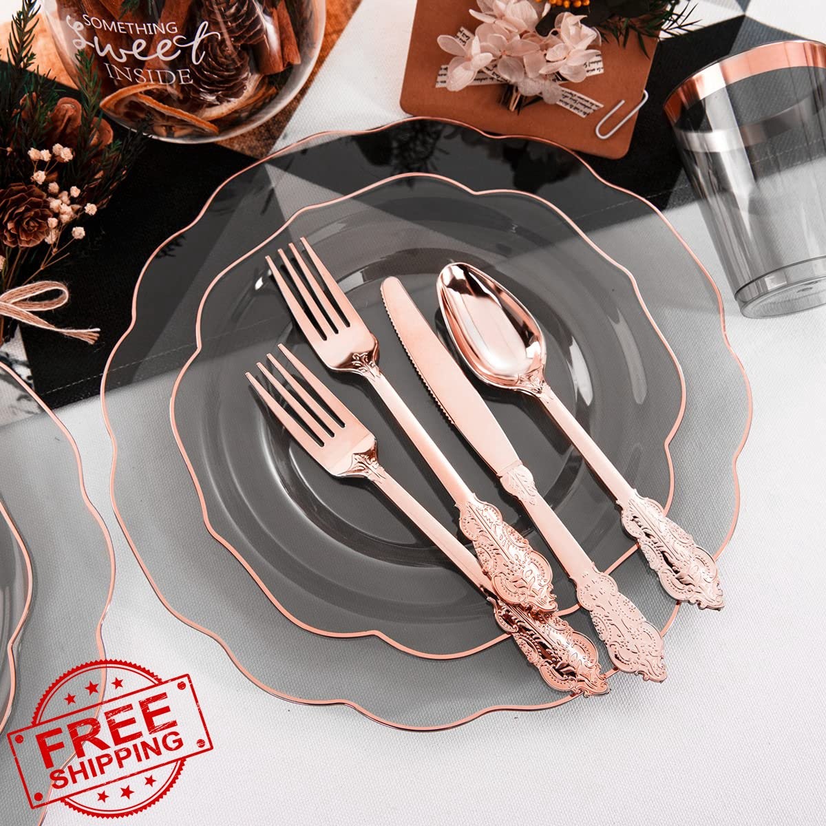 BUCLA Clear Black Rose Gold Plastic Plates and Silverware 30 Guests