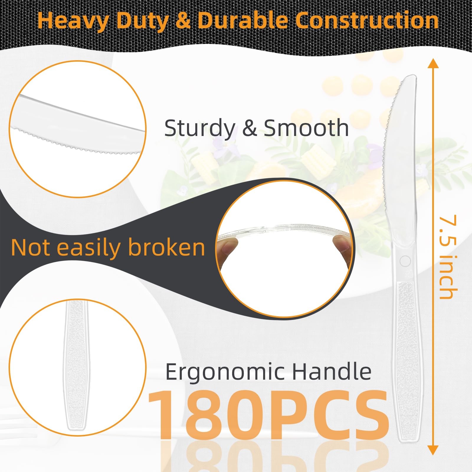 180 Count Extra Plastic Knives Heavy Duty 7.5″ Disposable Clear Plastic Knive…