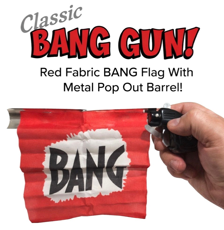 1 BANG GUN RED FLAG Clown Comedy Gag Toy Joke Stage Prop Joker Fake Metal Pistol