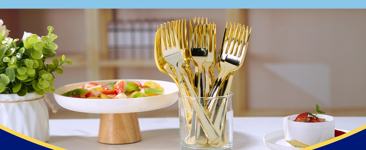 125 Count Gold Plastic Forks Heavy Duty, 7.28 Inch Gold Forks Disposable Heat