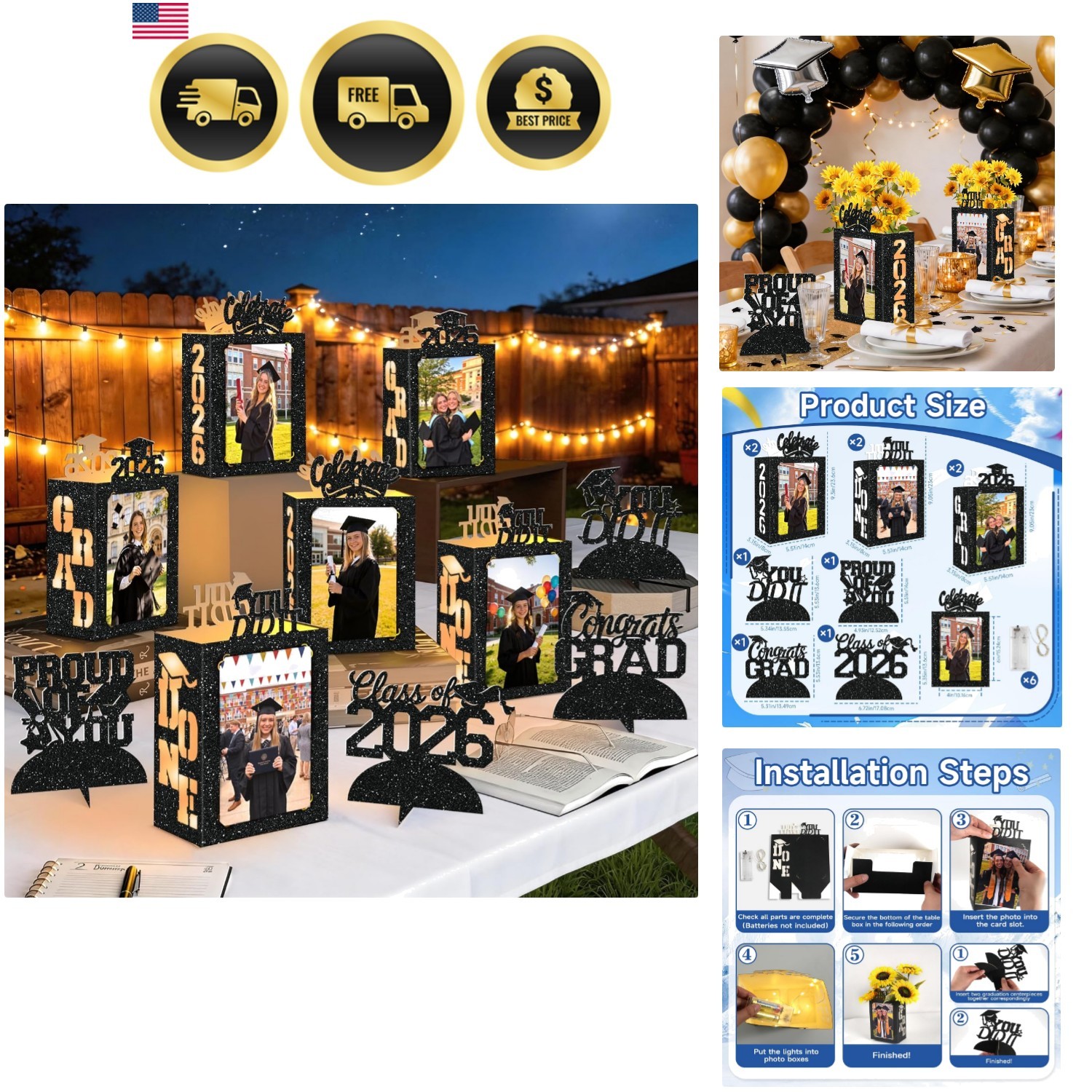 10 Pcs 2026 Graduation Table Decorations Boxes Black Photo Display Graduation…
