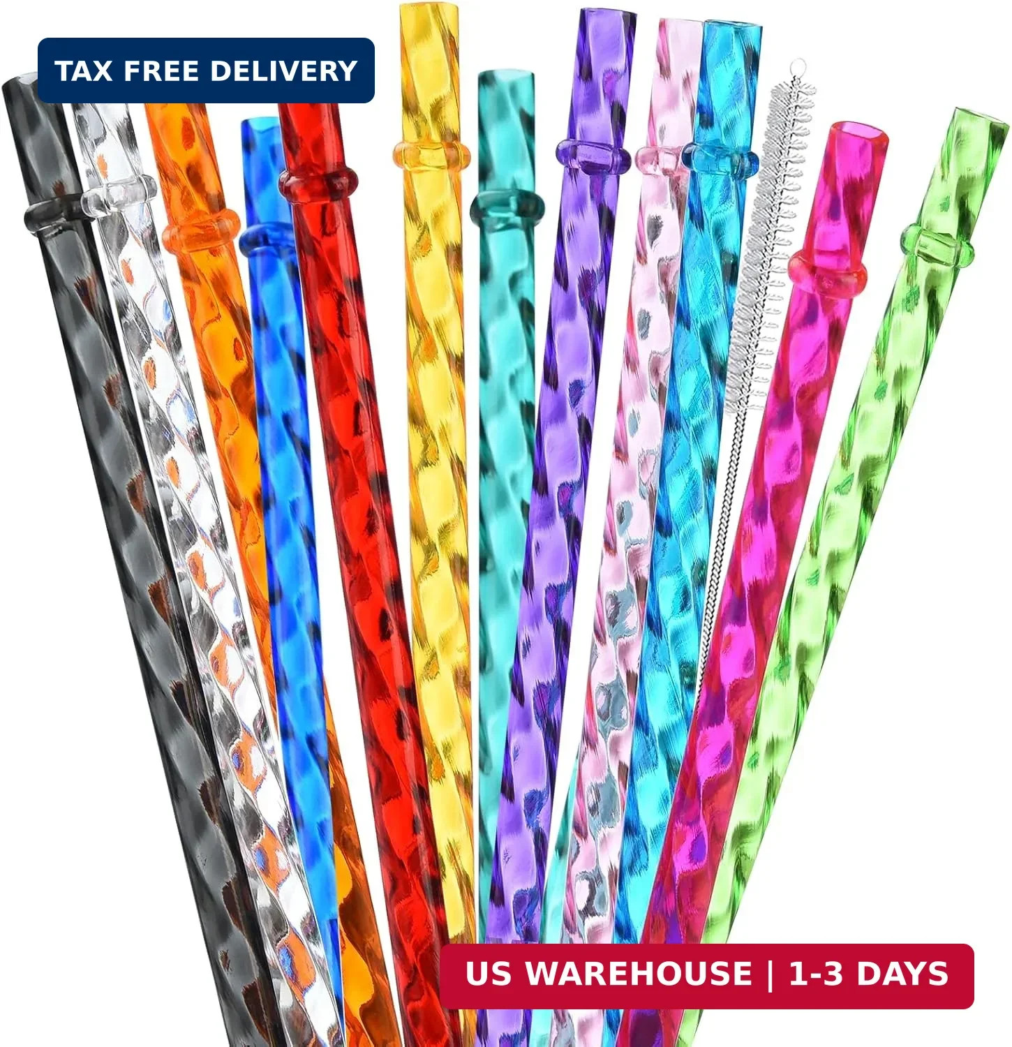 ALINK 12-Pack Reusable Plastic Clear Swirl Straws, 11″ Long Colorful Hard Plasti