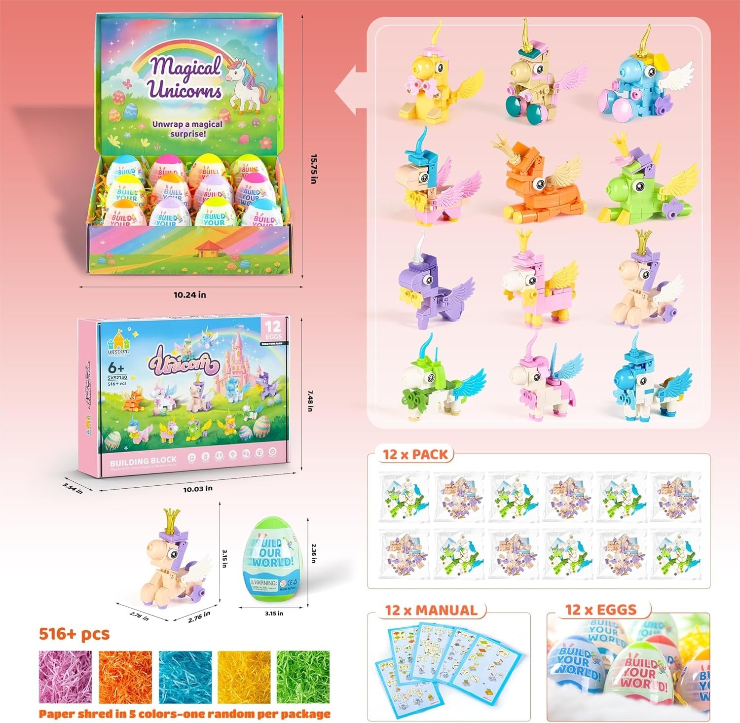 Easter Party Favors & Egg Hunt Prizes for Kids – 12 Unicorn Building Sets wit…