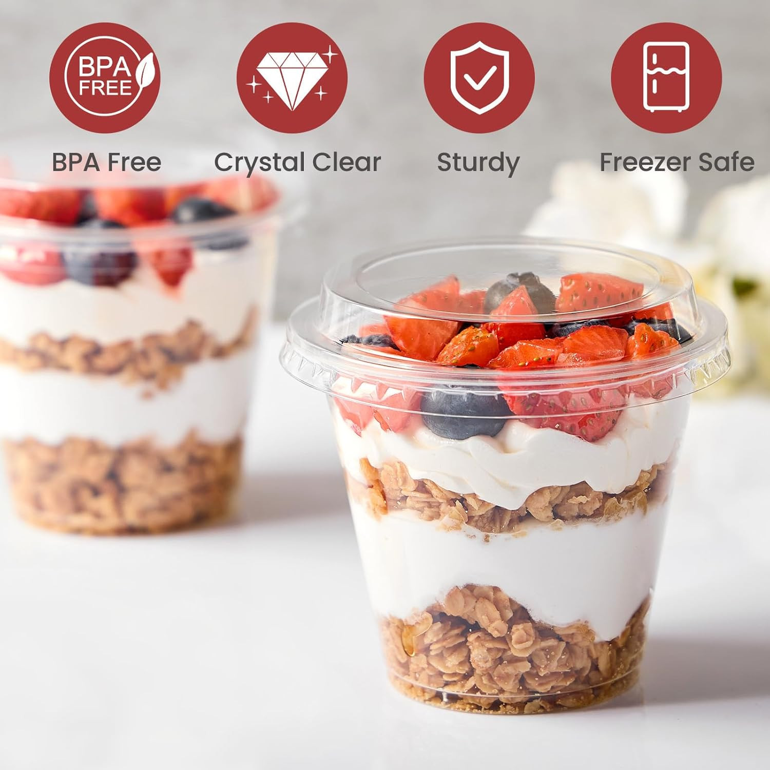 50 Pack 9 Oz Plastic Dessert Cups with Lids, Small Plastic Yogurt Parfait Cups,