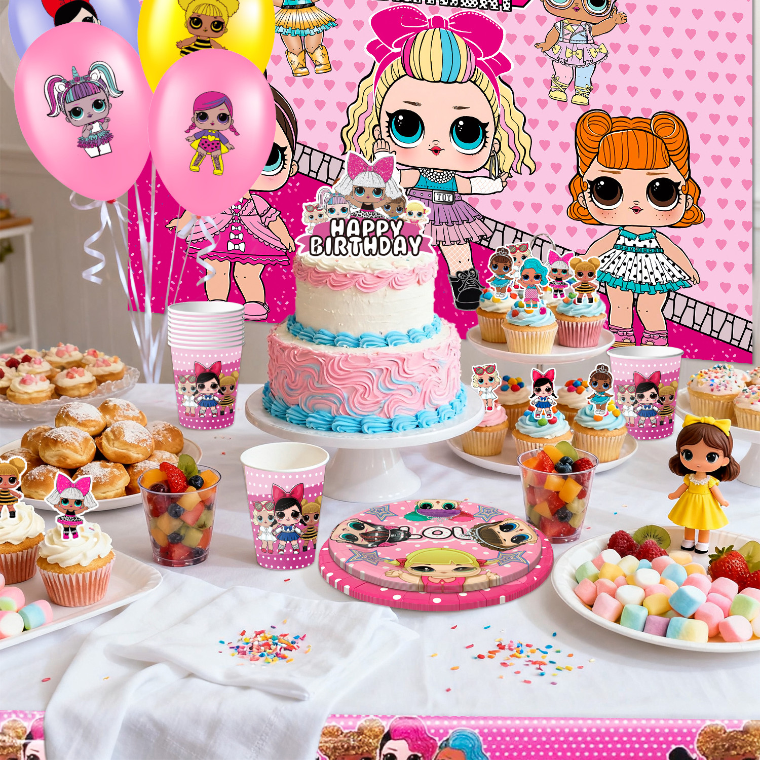 112 Pcs LOL Surprise Doll Party Decorations Surprise Doll Balloons Cups Backdrop