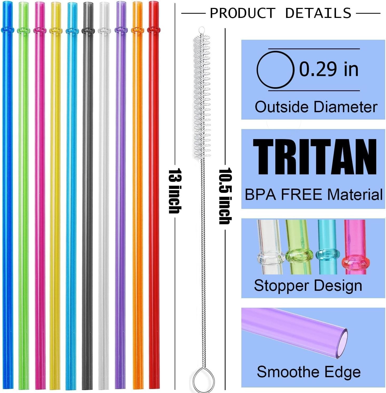 10.5 in Long Reusable Plastic Straws with Brush, Tritan Hard Plastic Tumbler Str
