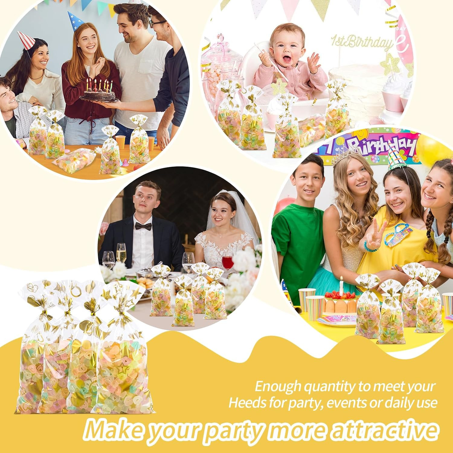 100 Pcs Gold 5″X11″ Gift Wrap Cellophane Treat Bags Clear Party Favor