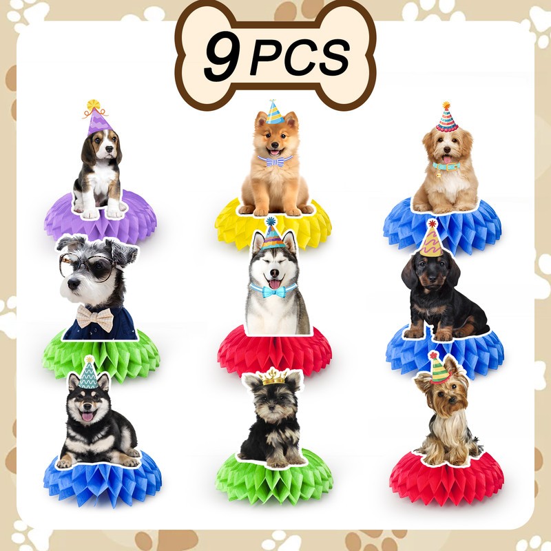 9pcs Dog Honeycomb Centerpieces, Dog Party Honeycomb Decorations for Puppy Table