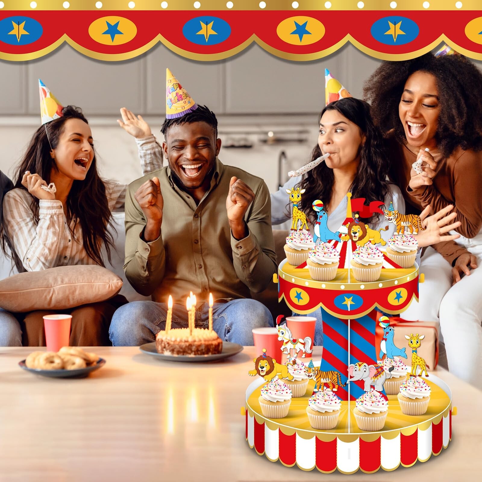 Carnival Circus Cupcake Stand Party Decorations with 24 Cake Decorations Circ…