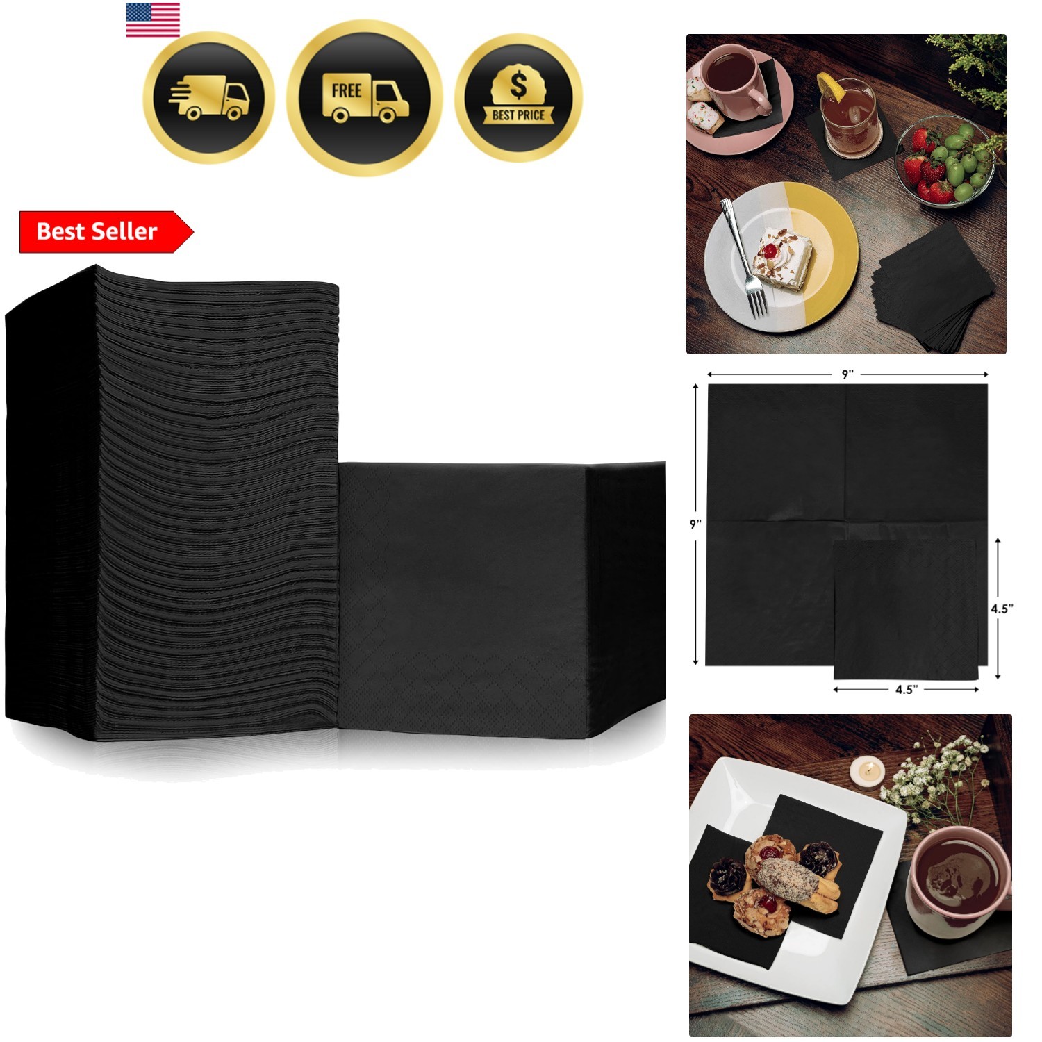 500 Pack Cocktail Napkins Paper – Quality 3-Ply Black Beverage Napkins – Rest…