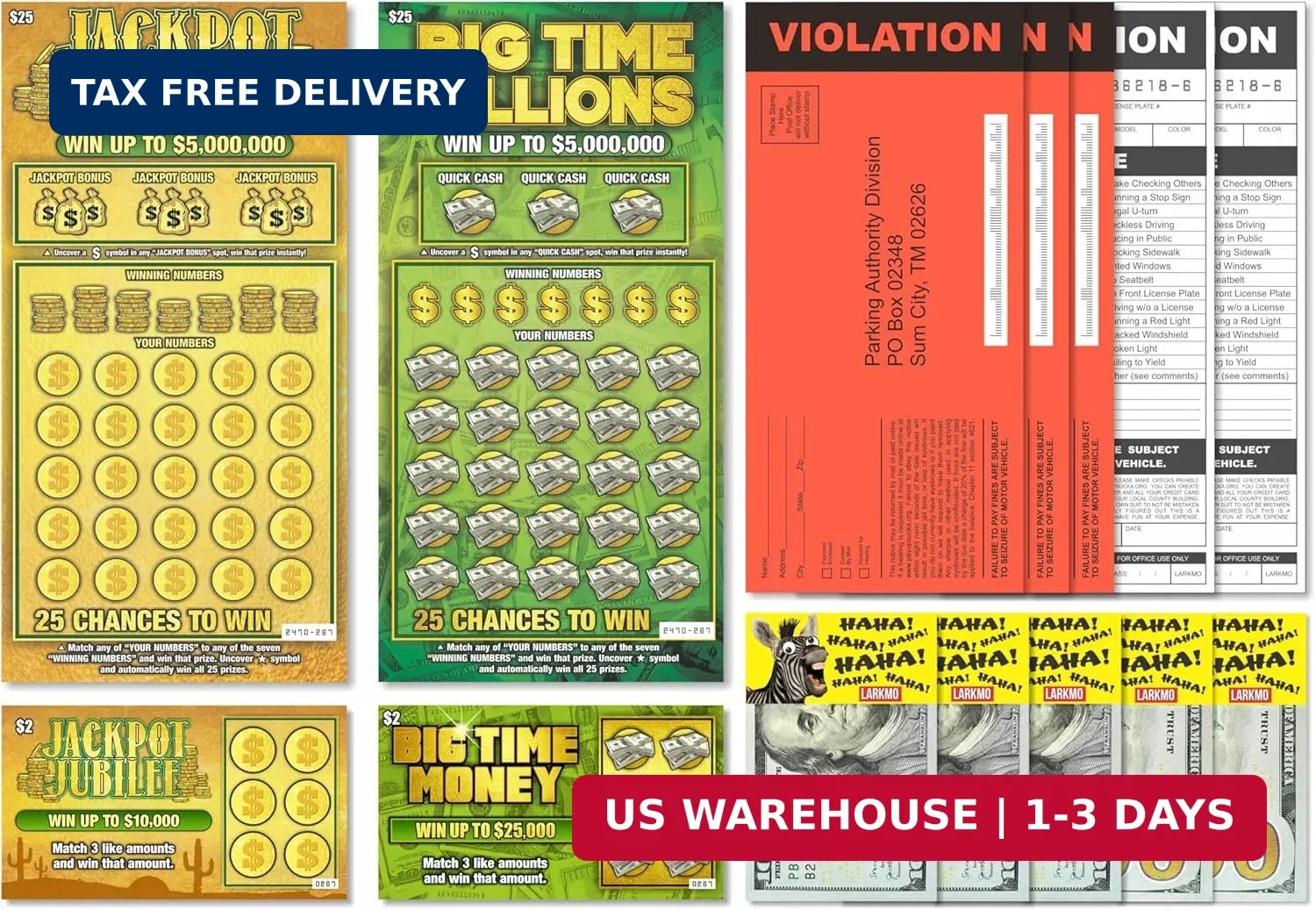 Larkmo Prank Gag Practical Joke Kit Bundle – Fake Lottery Tickets, Parking Viola