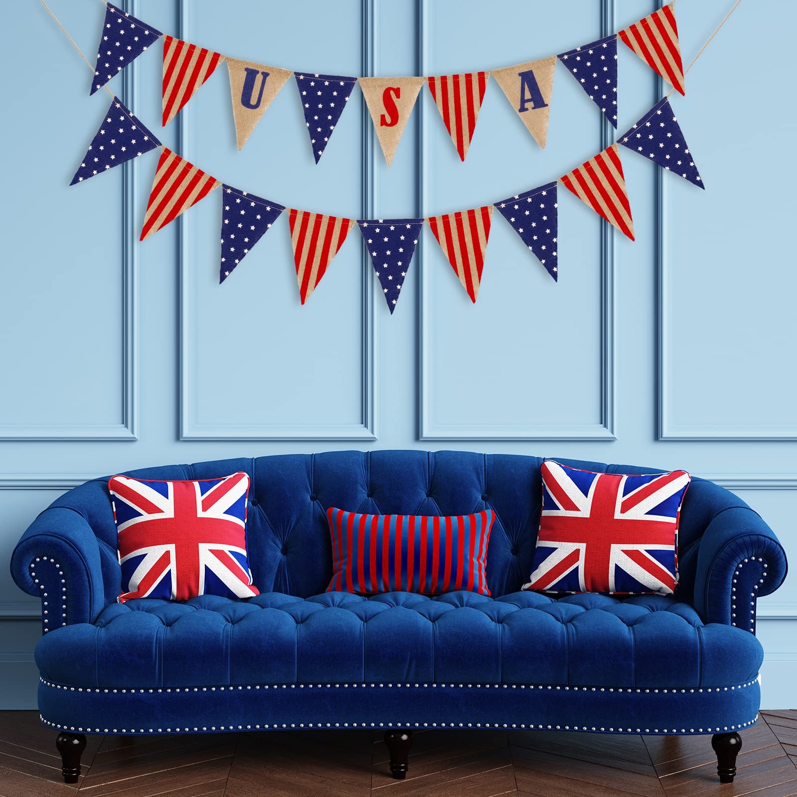 2 Pack Patriotic Burlap Banner 4th of July USA Flag Pennant Bunting Garland Red