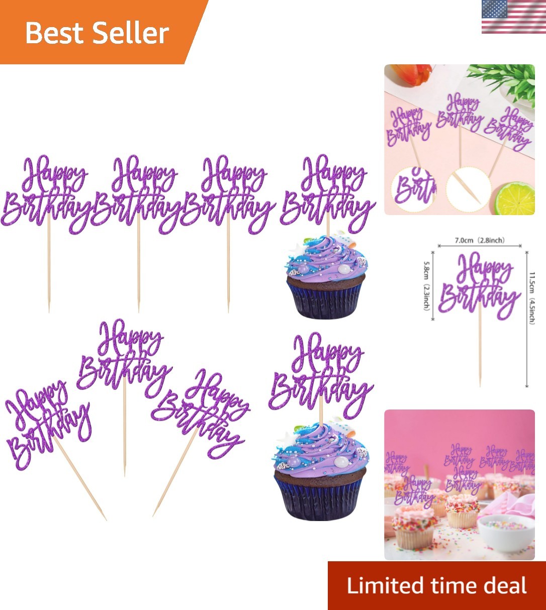 24 PCS Glitter Happy Birthday Cupcake Toppers – Purple Cupcake Picks for Cele…