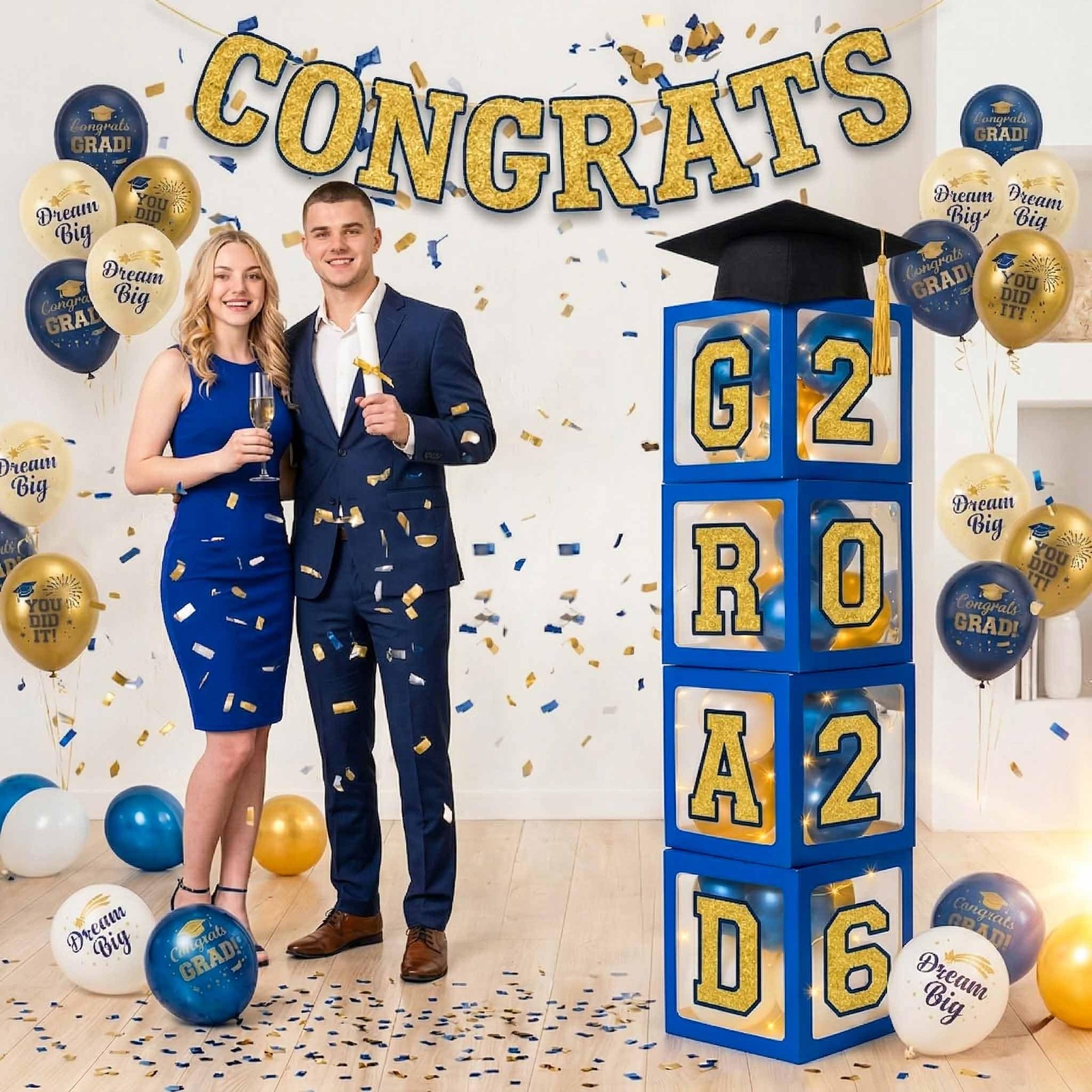 Graduation Decorations Class of 2026 Navy Blue and Gold Balloon Boxes for Hig…