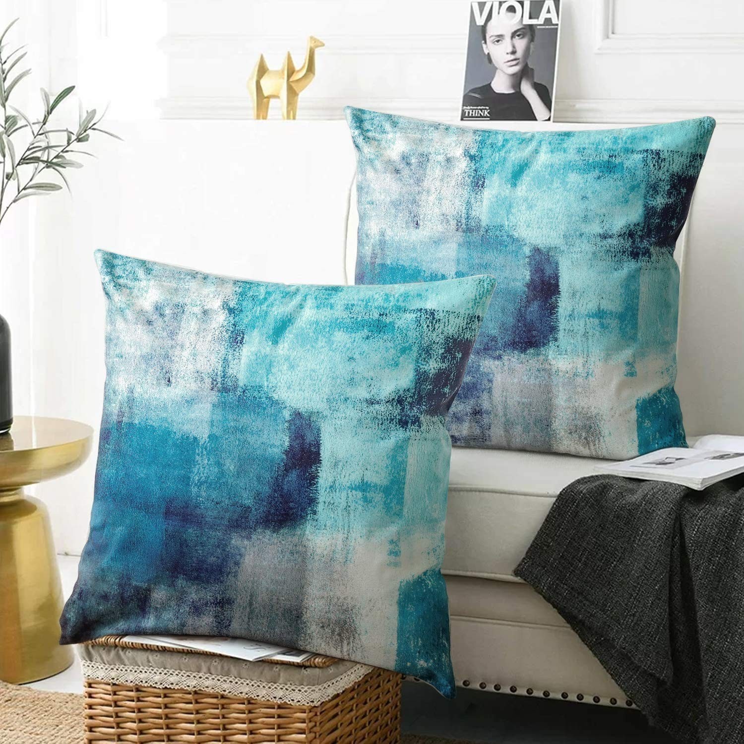 Set of 2 Turquoise and Grey Art Artwork Contemporary Decorative Gray Home Dec…