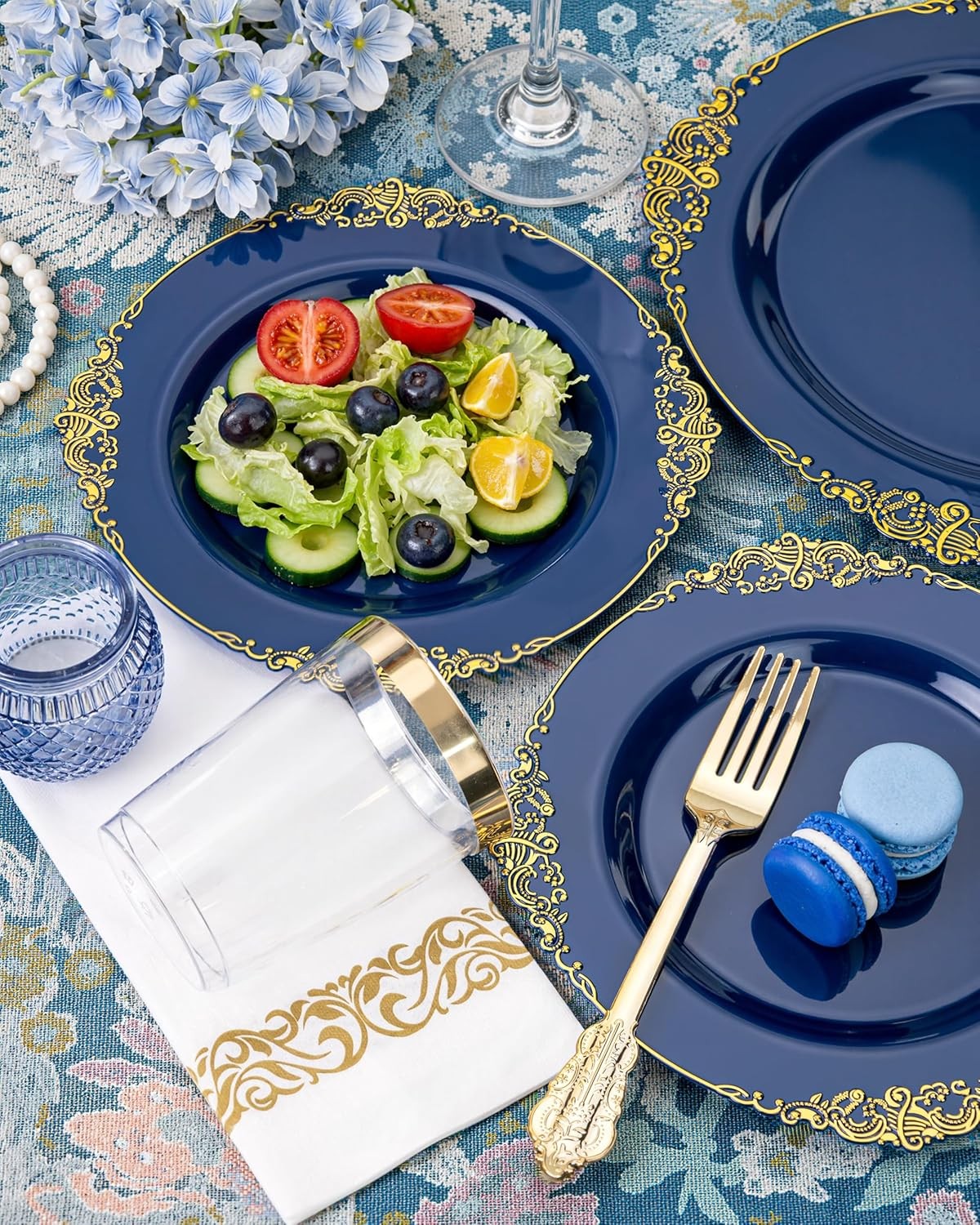 175PCS Blue Plastic Plates – Blue Gold Plastic Dinnerware Set Disposable Include