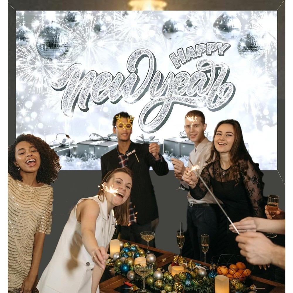 Happy New Year Banner 71 x 43 Inch, Silver Glitter Decor Backdrop with White