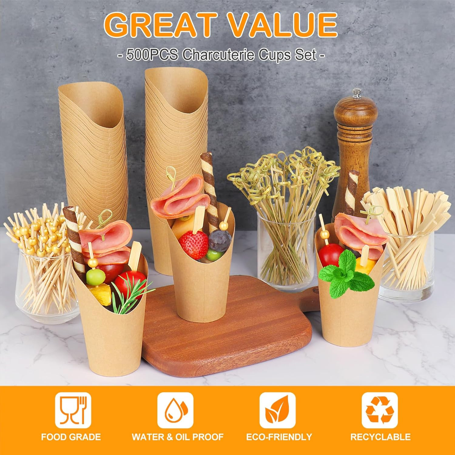 500PCS Charcuterie Cups with Sticks, 80 Cups+320 Picks+100 Labels, Brown