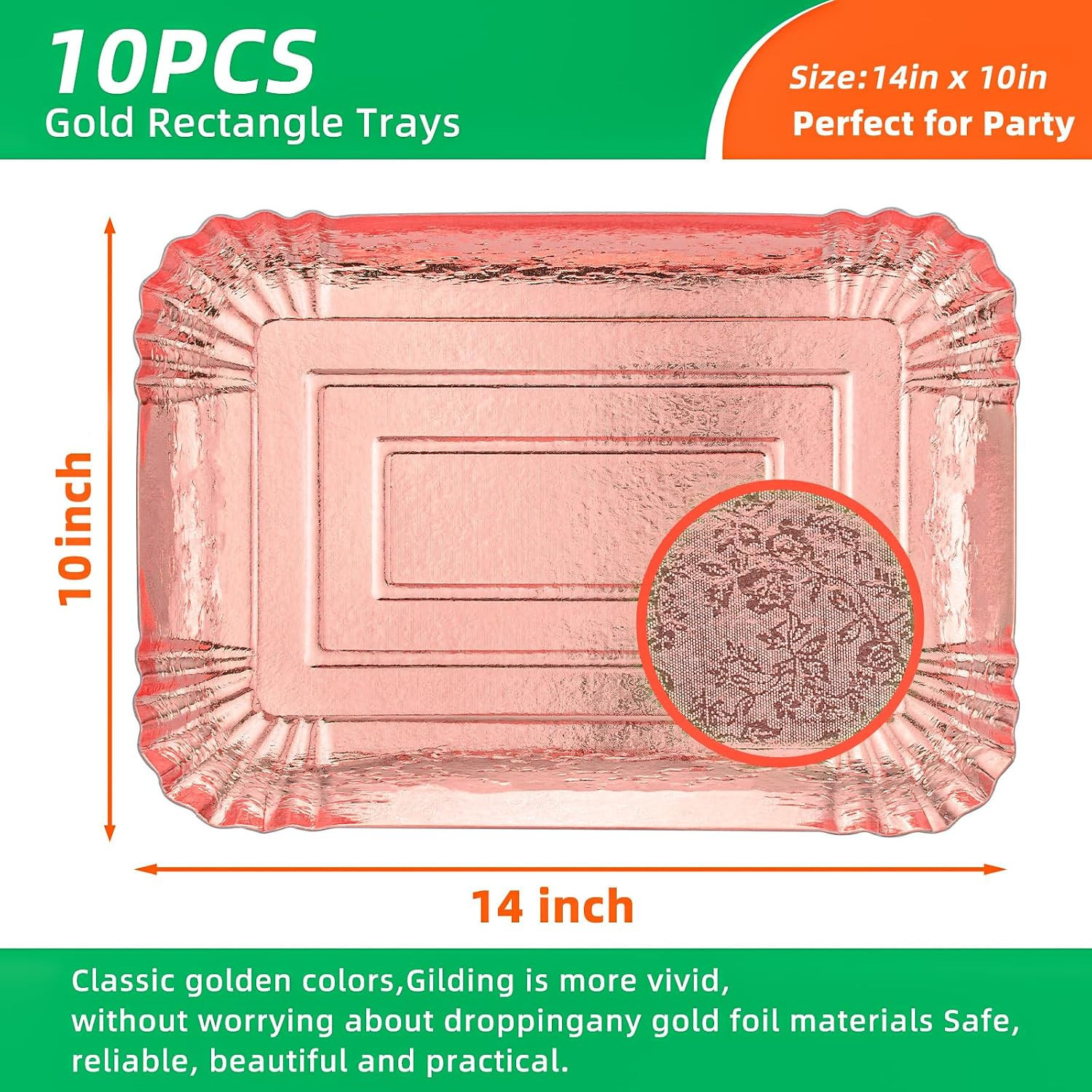 10 PCS Rose Gold Rectangle Trays, Heavy Duty Disposable Paper Cardboard for Plat
