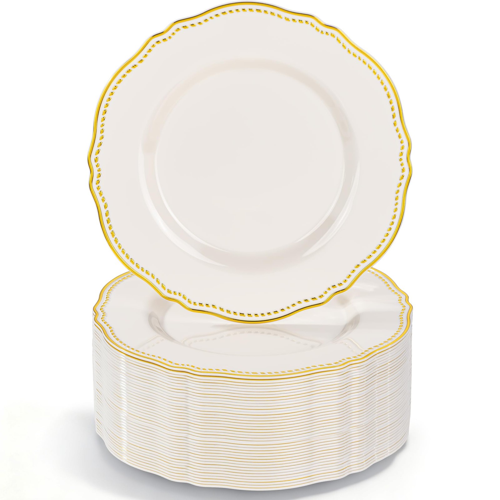 60PCS Ivory Plastic Plates Ivory and Gold Disposable Dinnerware with Gold Ri…