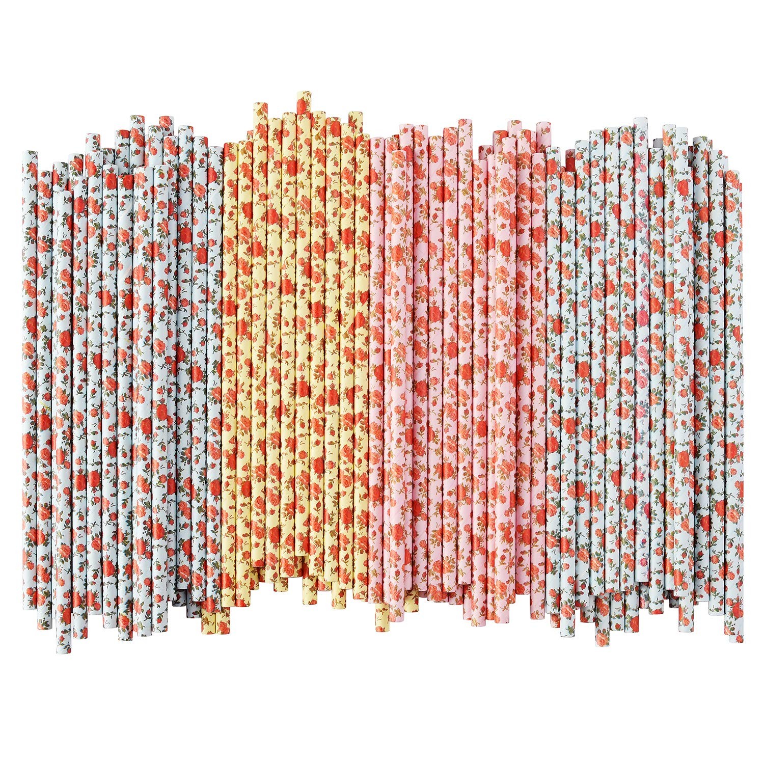 ALINK Floral Paper Straws, Biodegradable 7.75×0.25 Inch (Pack of 100),