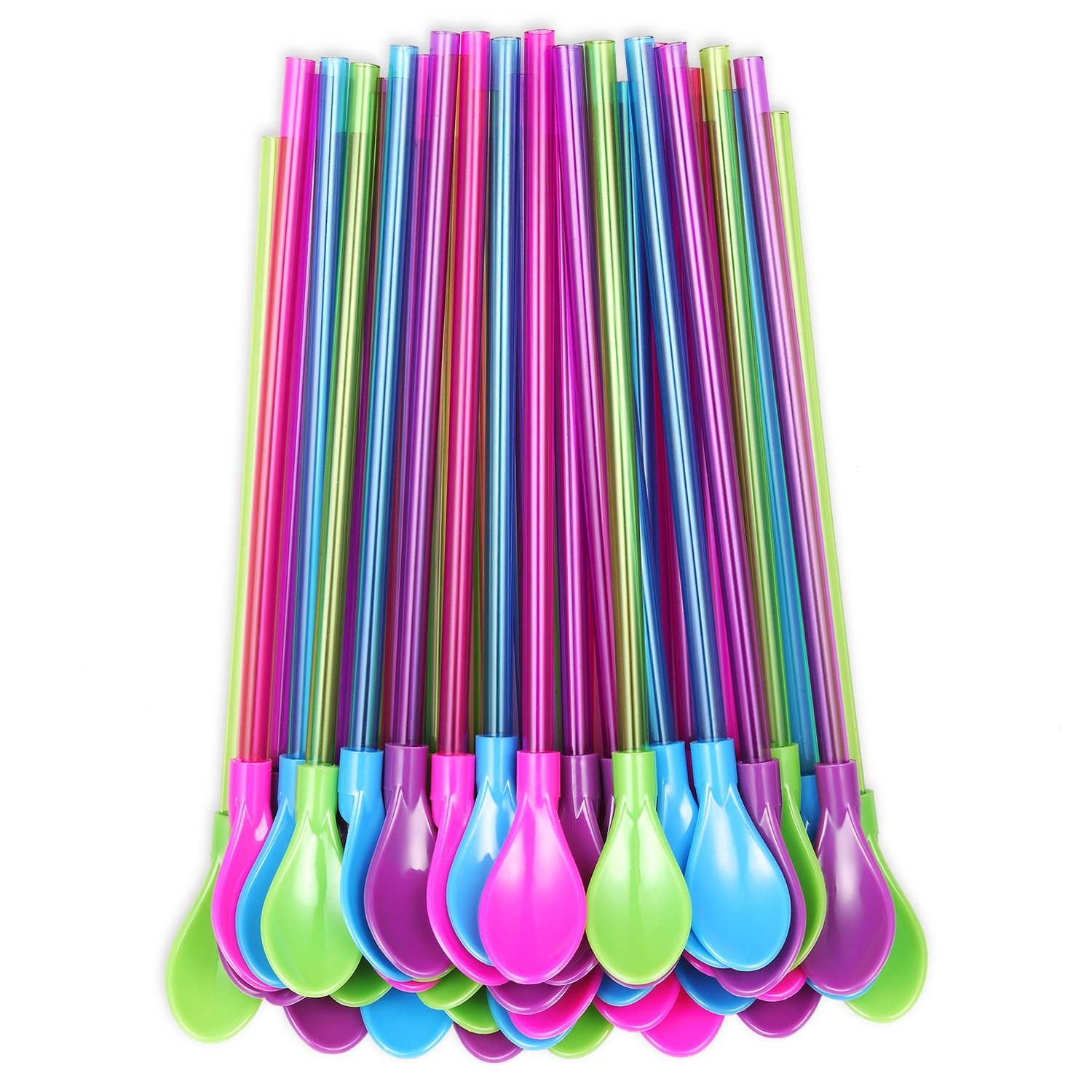 40PCS Reusable Spoon Straws 9 Inch Plastic Stirring Straws for Coffee Drinks
