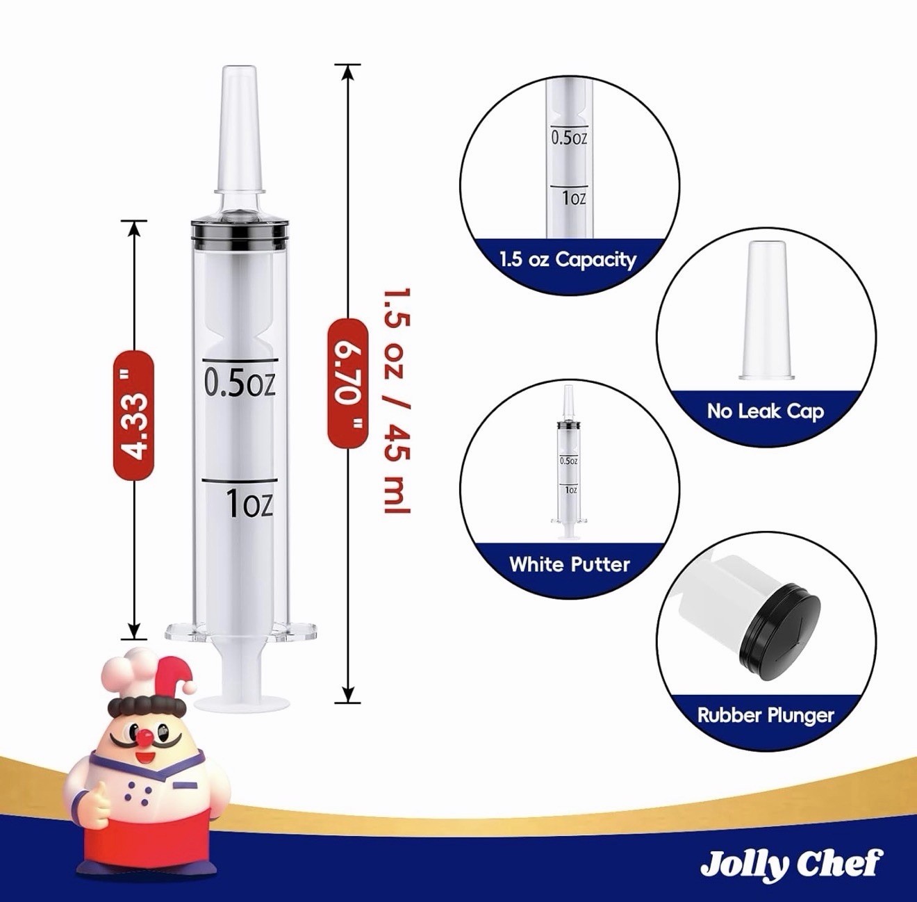 Jolly Chef 1.5oz Jello Shot Syringes with Caps, Reusable, BPA-Free, 100 Pack
