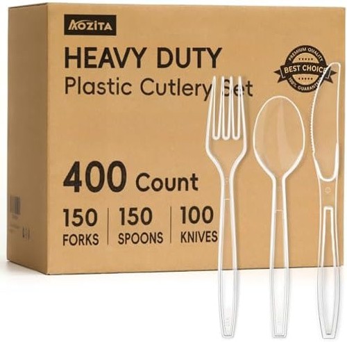 400 Count Heavy Duty Plastic Silverware, BPA-Free, Clear Plastic Cutlery Set,…