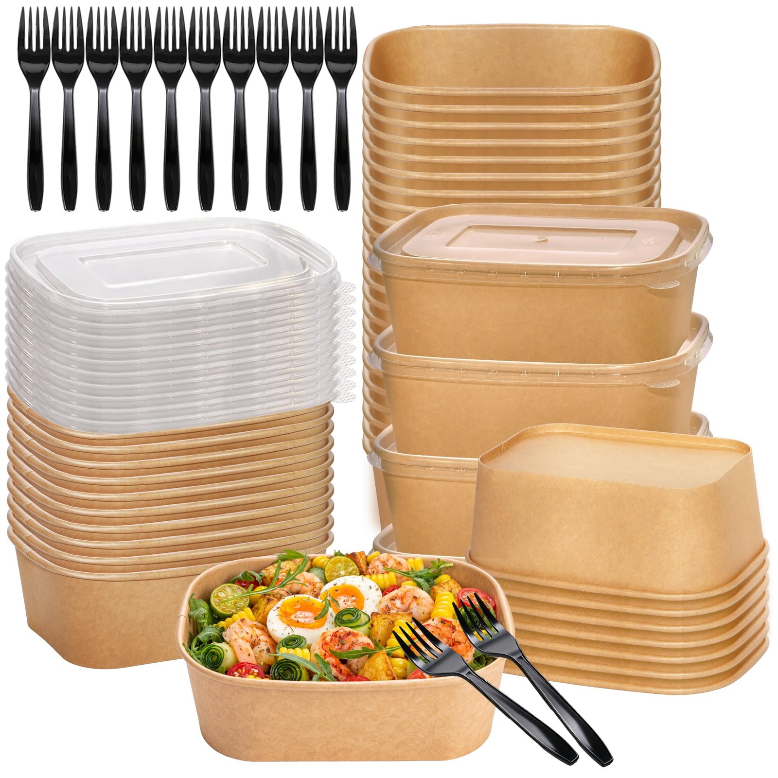 50 Pack 29oz Disposable Meal Prep Containers with Lids and Forks, Microwave a…