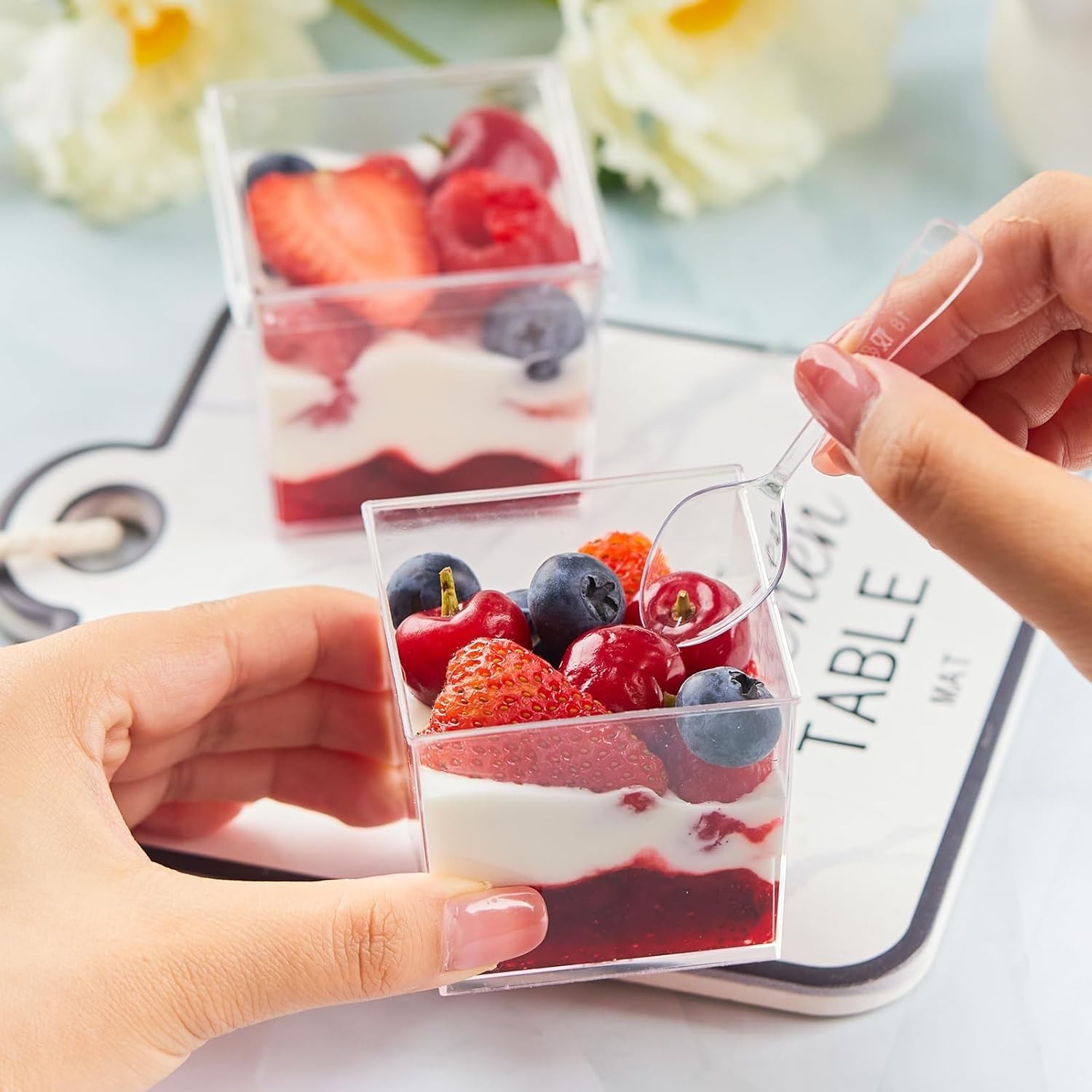 Mini Dessert Cups with Lids and Spoons 50 Pack Small Square 5 Oz Clear