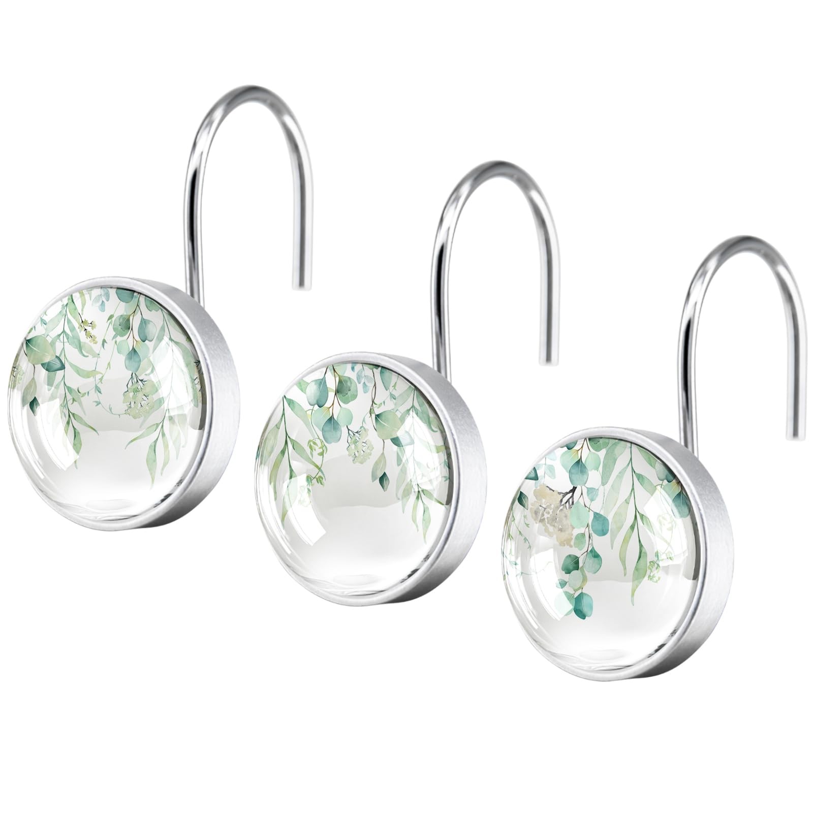 12 Pcs Sage Green Eucalyptus Shower Curtain Hooks – Rustproof Stainless Steel Ri