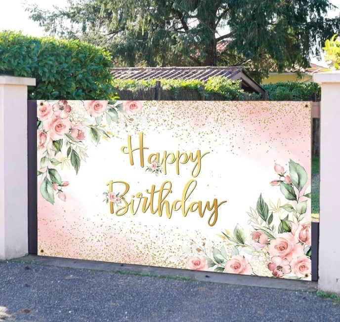 Rose Gold Birthday Backdrop for Women Pink Floral Golden Flash Happy Birthday Pa