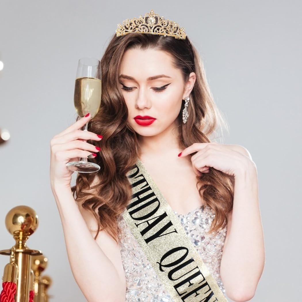 Birthday Queen Sash & Rhinestone Tiara Set Gold Happy Birthday Crowns for Women
