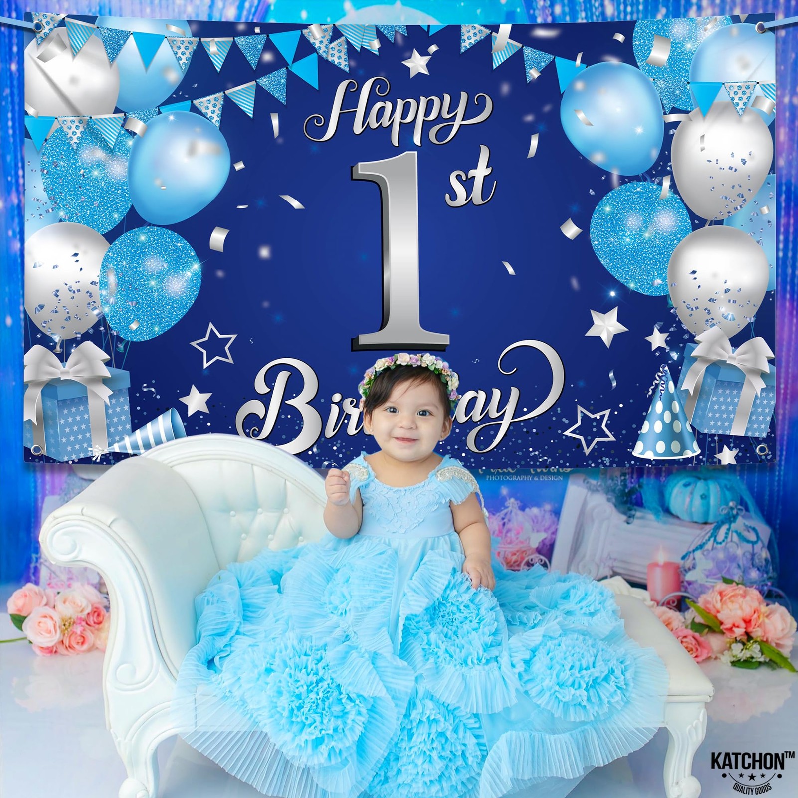 Happy 1st Birthday Banner Boy – 72×44 Inch, Xtralarge | Blue and Silver 1st Bir