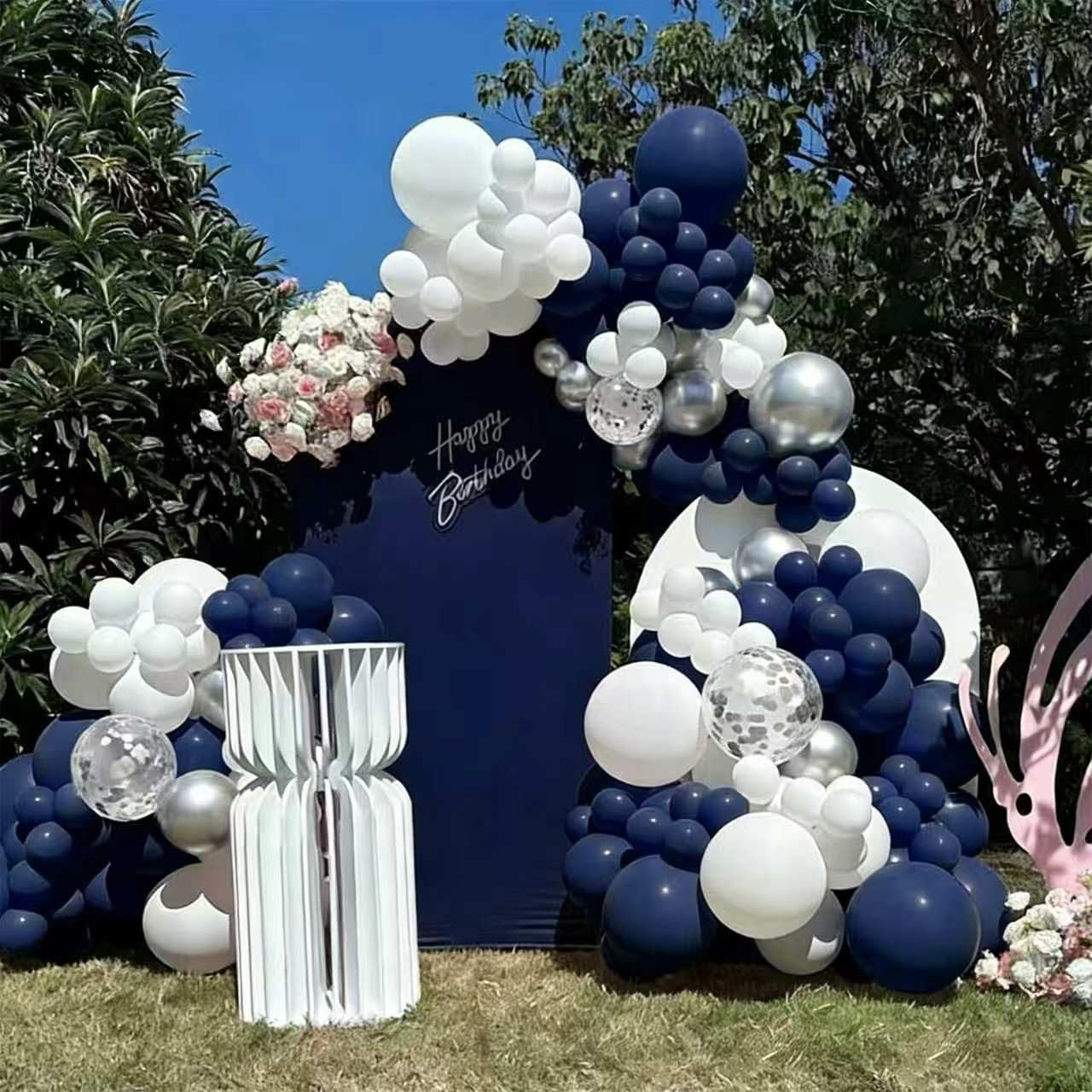 Navy Blue and Silver Confetti Balloons 50 pcs, 12 inch White Pearl and Silver…
