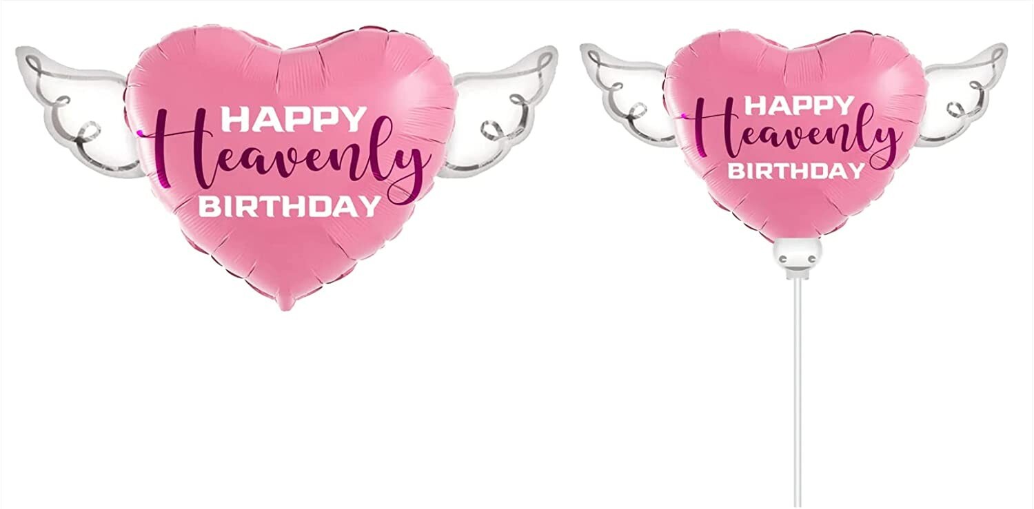 Happy Heavenly Birthday Balloons Heart Shaped with angel wings (2 Pack)